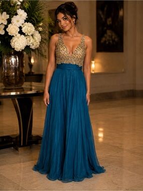 Coya Collection Deep Teal Blue formal Evening Gown Embellished Bodice size large